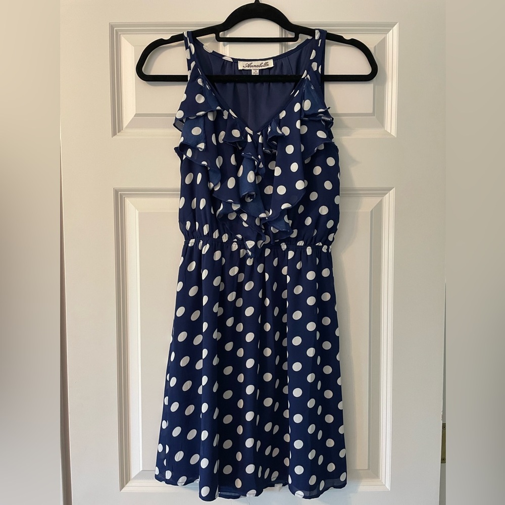Navy and white polka dot dress from Francesca’s